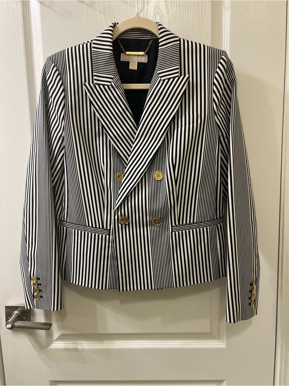Michael Kors Black and White Striped Double-Breasted Blazer